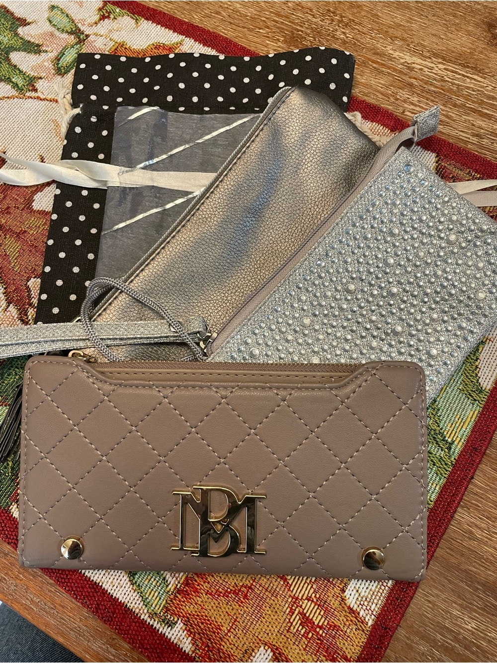 Badgley Mischka Taupe Wallet / Metallic Gray Wristlet / Gift bag Set / 5 items